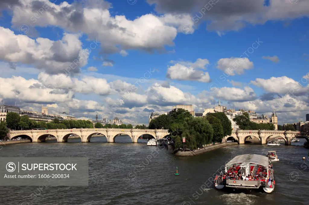 France, Paris, Seine River, Pont Neuf Bridge, Sightseeing Boat,