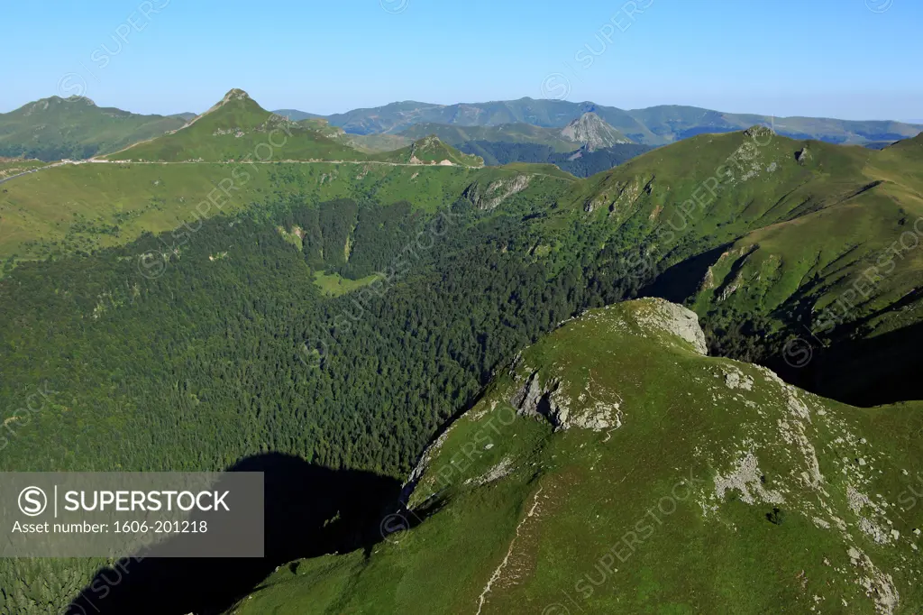 France, Cantal (15), Le Puy Mary Is A Vertex Of The Cantal Mountains, Remains The Largest Stratovolcano Of Europe. It Culminates At 1783 Meters Altitude, Grand National Site Falgoux Circus (Aerial Photo),