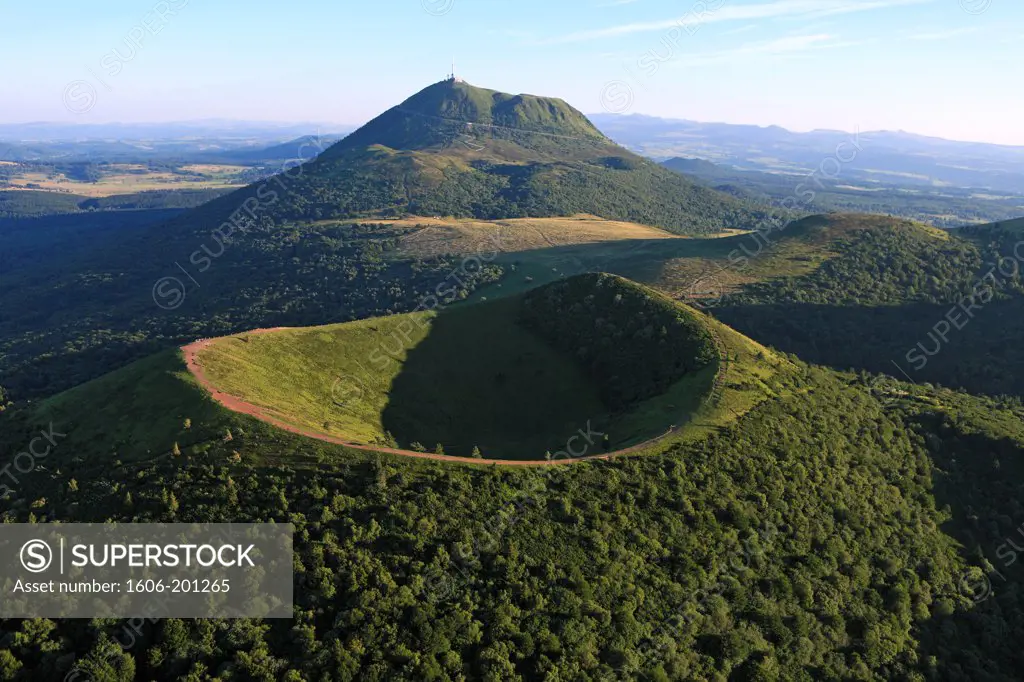 France, Puy-De-Dome. (63), Puy-De-Dome (1465 M.Alt.) And Pariou Crater In The Foreground, The Chain Of Puys, Classified Trusted France, Volcanoes Regional Park Auvergne (Aerial Photo)