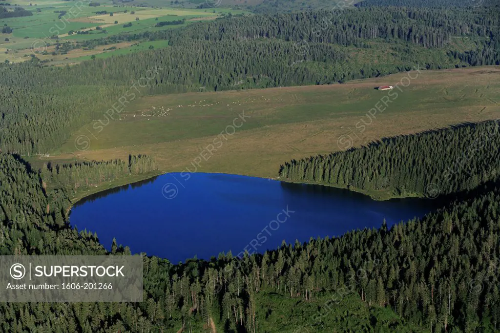 France, Puy-De-Dome. (63), Lake Servieres, Circular Crater Lake Located At 1200 M. Altitude (Aerial Photo),