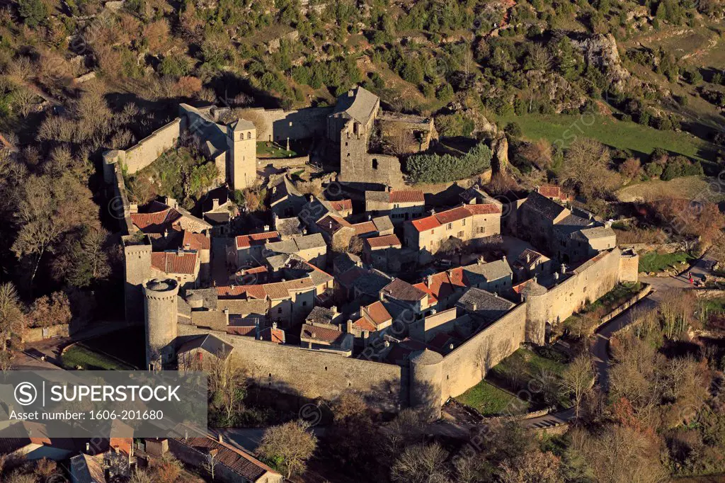 France, Aveyron (12), Couvertoirade Village Strengthens, Former Commander Of The Order Of The Temple, Located In The Regional Natural Park Of Causses And The Larzac Plateau, The Village Is Labeled Most Beautiful Villages Of France (Aerial Photo),