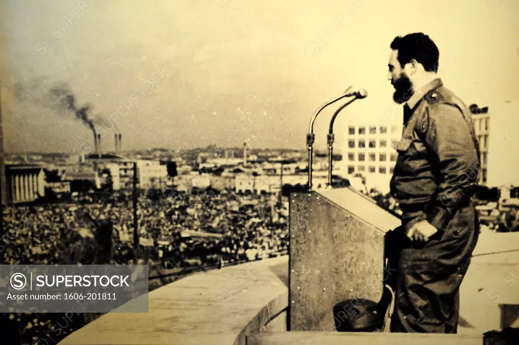 Old Photography Reproduction Of The Leader Of The Cuban Revolution Fidel Castro In Havana'S Revolution Square