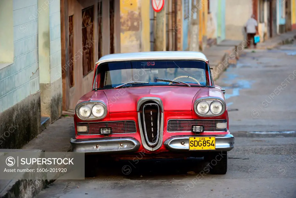 Old American Car Perked At The Street In Trinidad, Sancti Spiritus Province, Cuba
