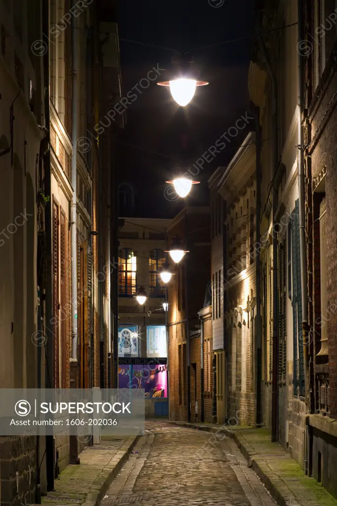 France, Lille, Town, Old Alley By Night.