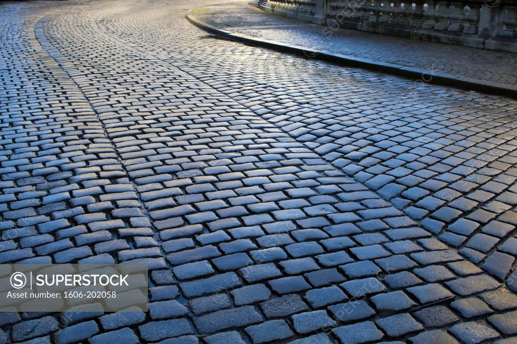 France, Lille, Town, Street With Cobblestones.