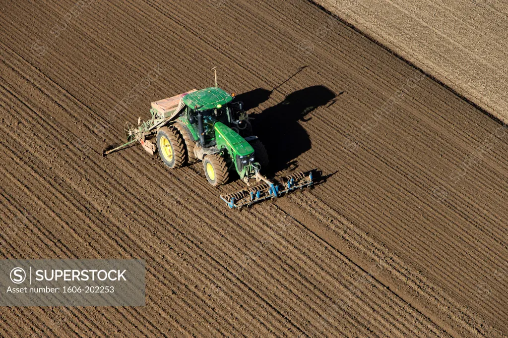 France, Oise, Tractor In An Agriculture Field, Aerial View