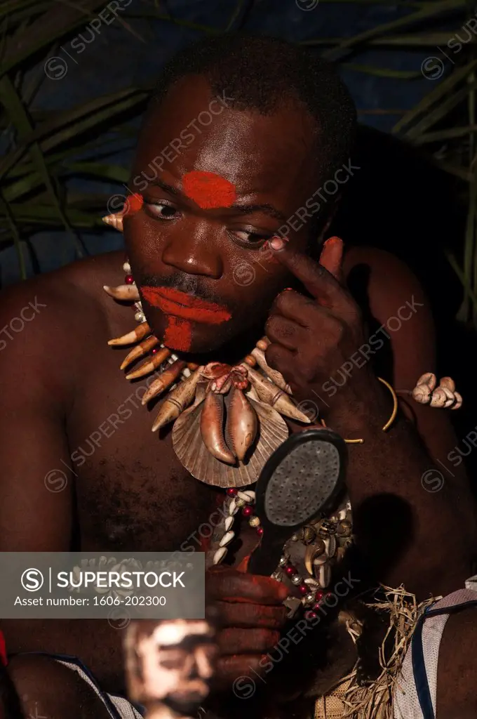 Africa, Gabon, Estuaire Region, Libreville Capital, Bwiti Ceremonies, During The Second Half Of The Ceremony, The Chaman Assossa Dresses And Puts Make Up On To Honor Spirits Who He Will Now Dance And Sing With