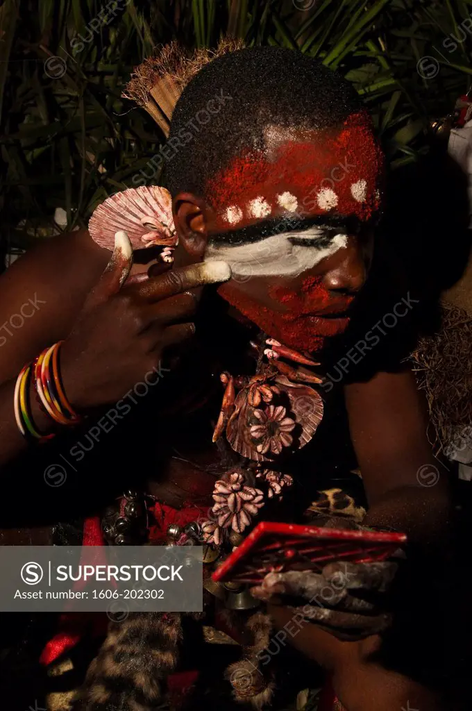 Africa, Gabon, Estuaire Region, Libreville Capital, Bwiti Ceremonies, During The Second Half Of The Ceremony, Bwitist Initiates Dress And Put Make Up On To Honor Spirits Who They Will Now Dance And Sing With