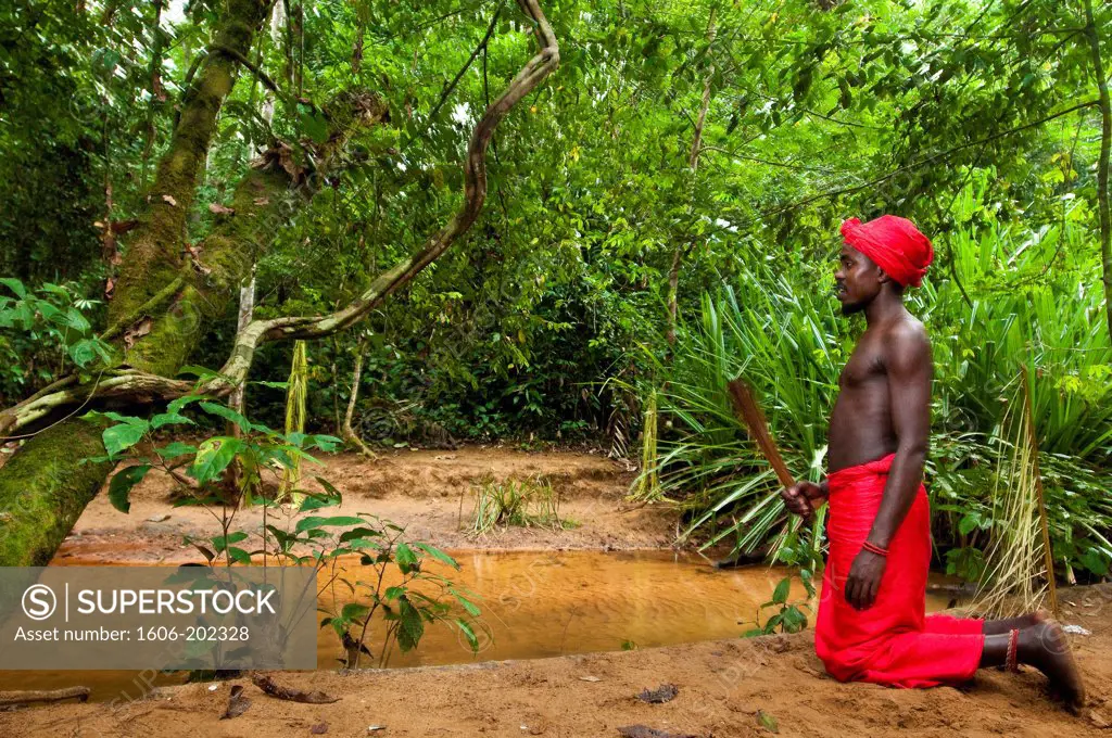 Africa, Gabon, Mboka A Nzambe Village, Bwiti Ceremonies, Forest, The Shaman Adumangana Makes A Divination Next To The River