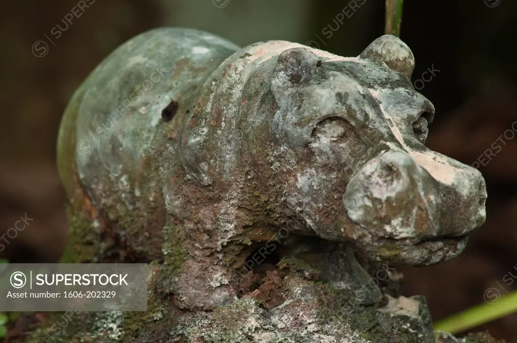 Africa, Gabon, Mboka A Nzambe Village, Bwiti Ceremonies, Forest, An Hippopotamus Statue At The Entrance Of The Sanctuary