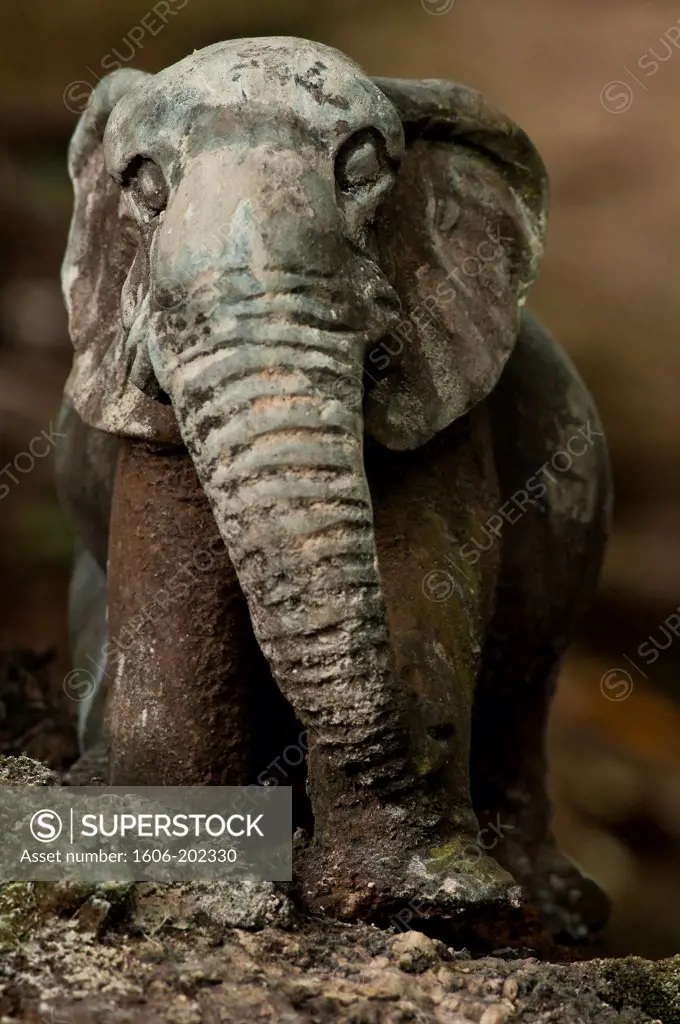 Africa, Gabon, Mboka A Nzambe Village, Bwiti Ceremonies, Forest, An Elephant Statue At The Entrance Of The Sanctuary
