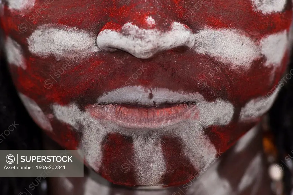 Africa, Gabon, Estuaire Region, Libreville Capital, La Sabliere, Etudia Has Paint His Face With White Clay Named 'Kaolin' For Teh Ceremony