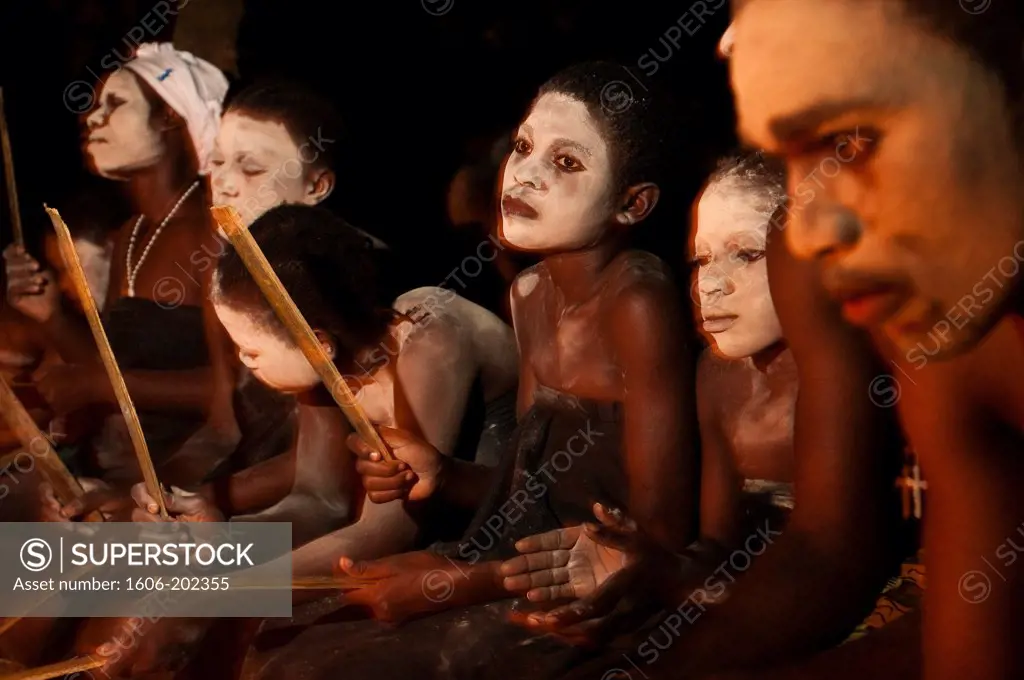 Africa, Gabon, Mboka A Nzambe Village, Bwiti Ceremonies, Forest, Initiate Women Give The Rythm With Bambu Sticks, Their Face Covered With White Clay Symbolize Pure Spirit
