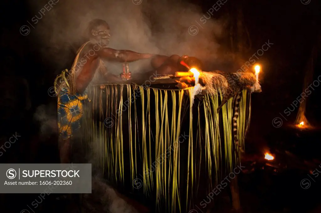 Africa, Gabon, Mboka A Nzambe Village, Bwiti Ceremonies, Forest, In The Sanctuary Called 'God'S Village', Healing Rituals Are Made At Night, The Smoke Purifies The Sick People Lying On A Table Named The 'Traditional Scanner' !