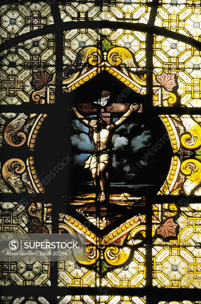France, Paris, St-Sulpice church, stained glass window, close-up