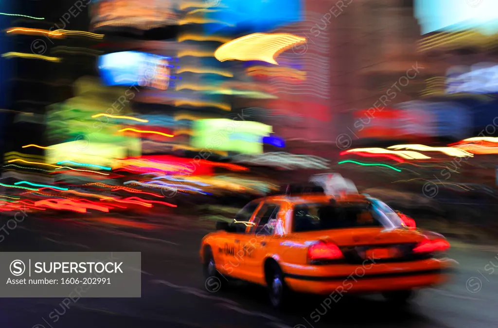 Taxi At Times Square In New York City, New York States, United States Of America, Usa