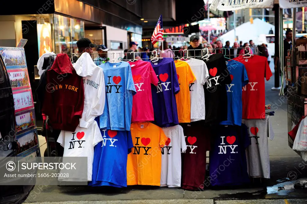A Street Seller'S Stand With Souvenir T-Shirts In Times Square, New York City, New York State, United State, Usa