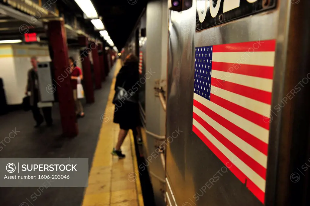 American Flag On Subway In New York City, New York State, United State, Usa