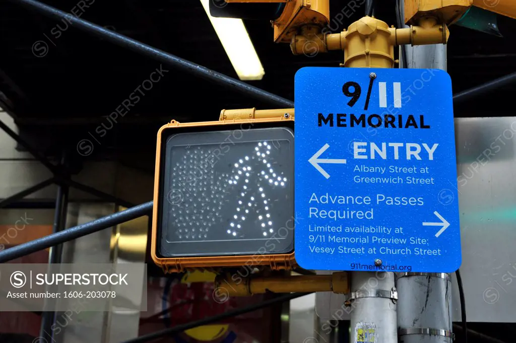 9/11 Memorial Sign At Ground Zero Manhattan In New York City, New York State, United State, Usa