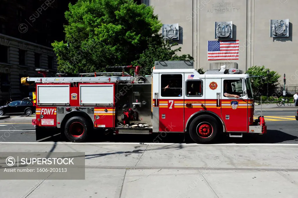 Fire Engine In Manhattan, New York City, New York State, United State, Usa