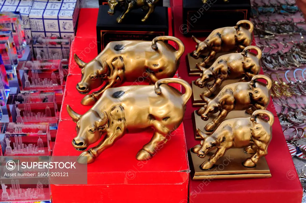 Charging Bull Statue Souvenirs In A Shop Of Manhattan, New York City, New York State, United State, Usa