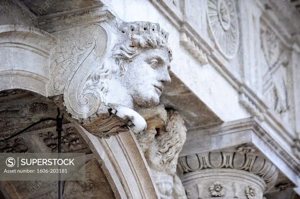 Carving On Capital Of Column In Colonnade To Palazzio Ducale, San Marco Square In Venice, Italy, Europe