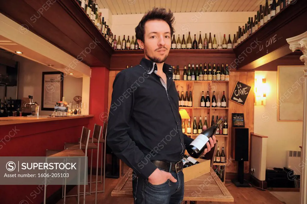 Northeastern France, the oenologist Clément Thomassin in his wine bar ""Terres à vins""