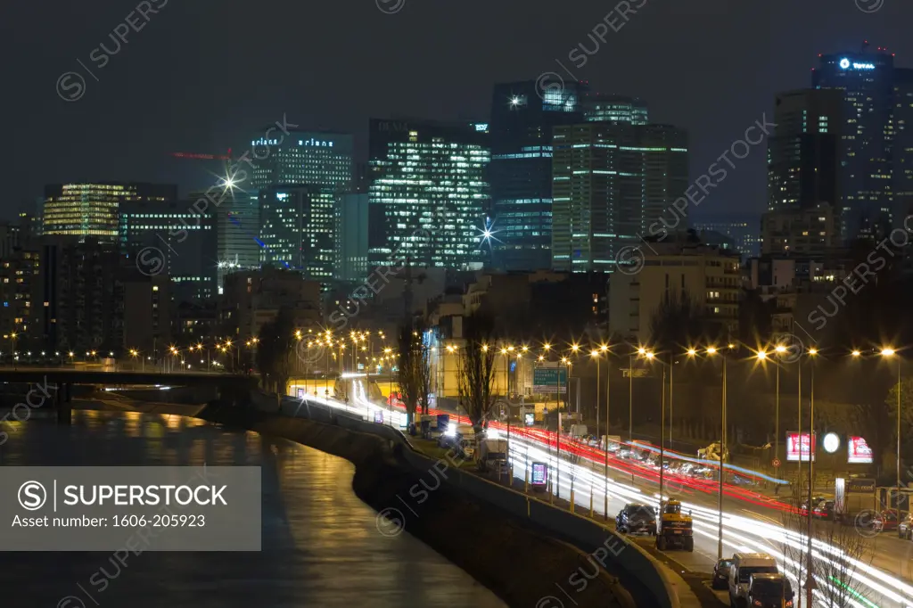 France, Paris La Défense at night.