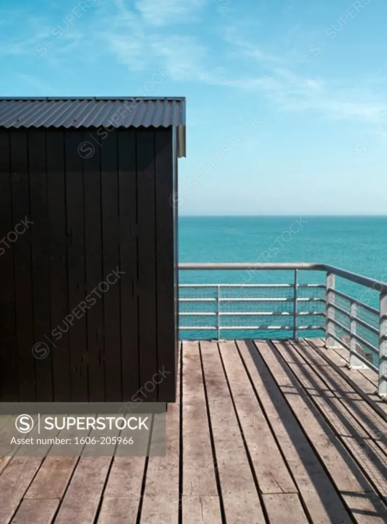 France, Brittany, Cancale, black shed on the pier.