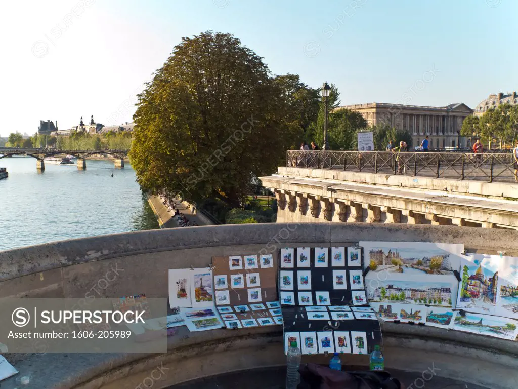 France, Paris, Pont Neuf with Le Louvre museum, Pont des arts and Seine.
