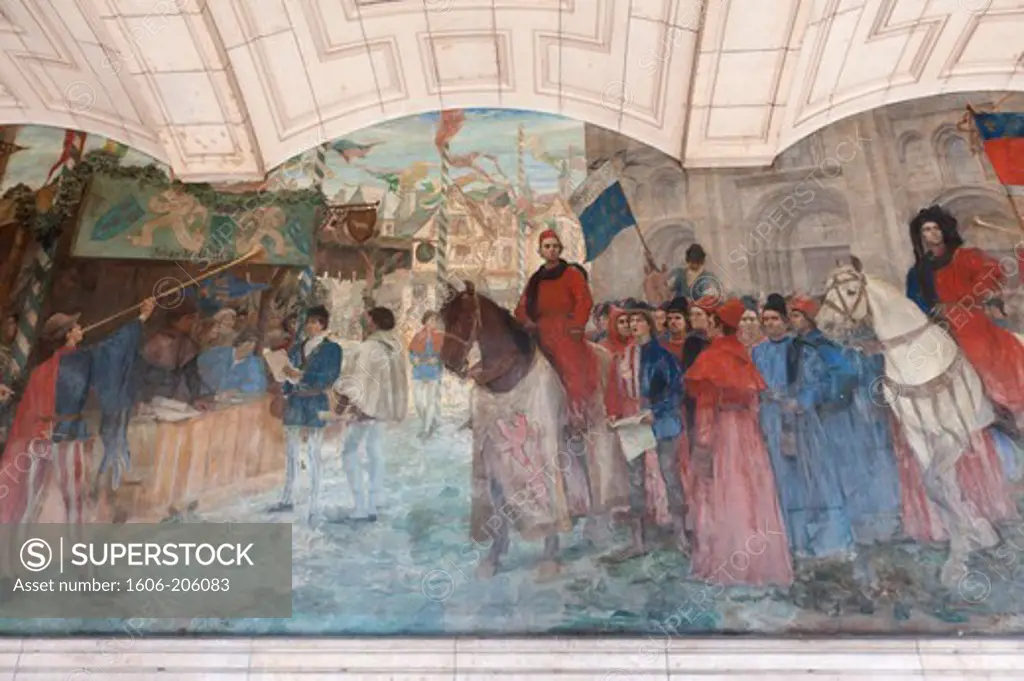 Paris 5th district, fresco decorating the gallery North of the main courtyard of the Sorbonne, "" Fair of Lendit of Saint-Denis in 15th century "" by Jean-Joseph Weerts