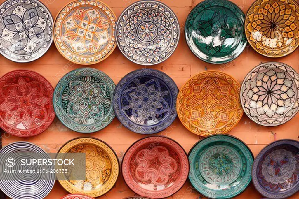 Colorful Ceramics on sale at a souk in Marrakech. Marrakech. Morocco.