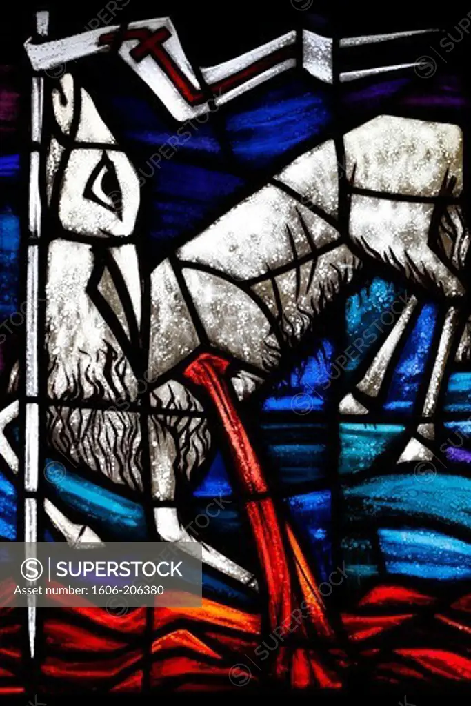 Stained-glass window. The Lamb of God ( Agnus Dei). Knokke-Heist. Belgium.