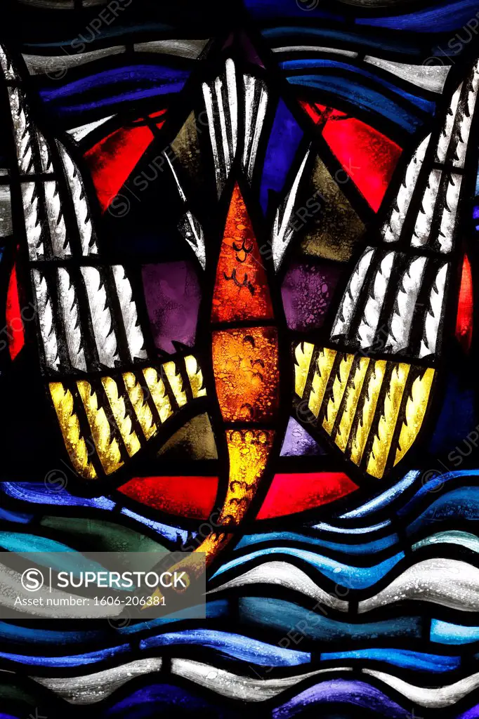 Stained-glass window. The Holy Spirit as a dove. Knokke-Heist. Belgium.