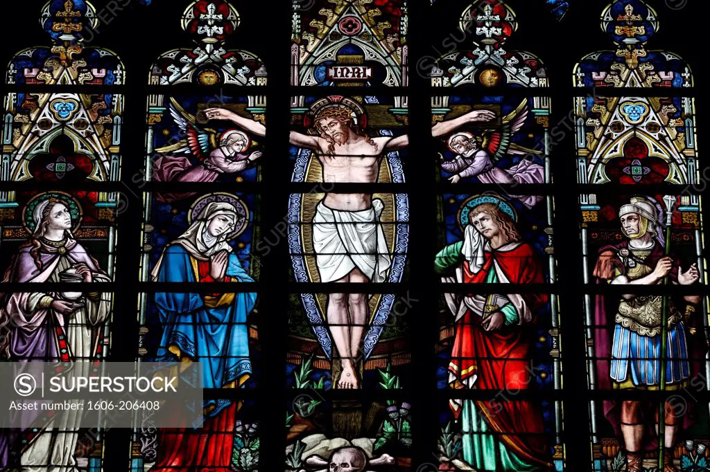 Saint Salvators Cathedral. Stained-glass window. Jesus on the Cross. Bruges. Belgium.