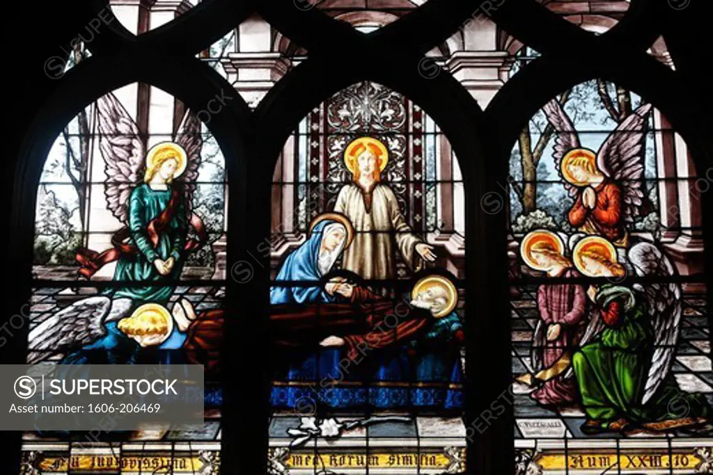 Stained glass in Saint-Etienne du Mont church : Saint Joseph's death Paris. France.