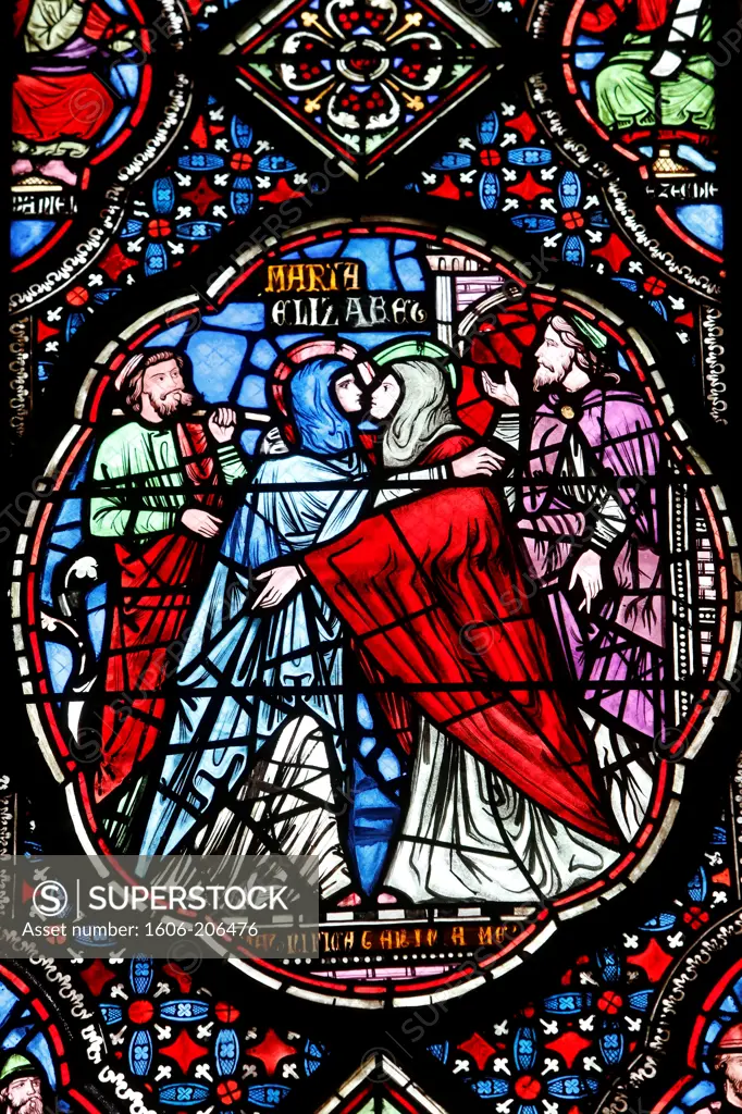 Stained glass in Notre Dame de Coutances cathedral : the Visitation Coutance. France.