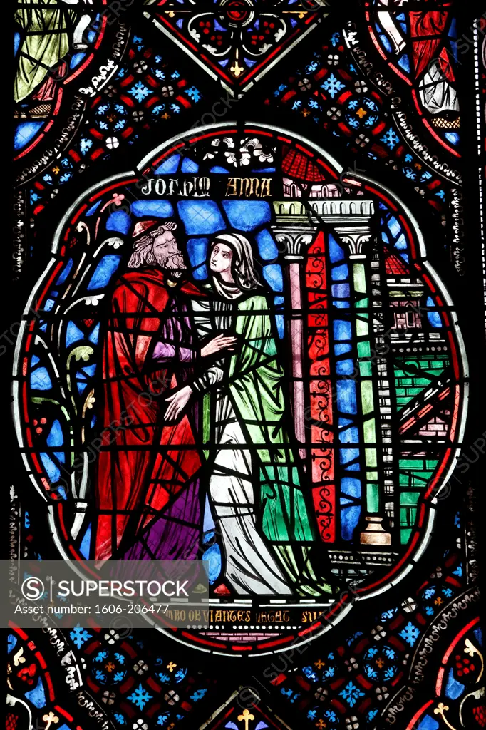 Stained glass in Notre Dame de Coutances cathedral : Ann and Joachim, Mary's parents Coutance. France.