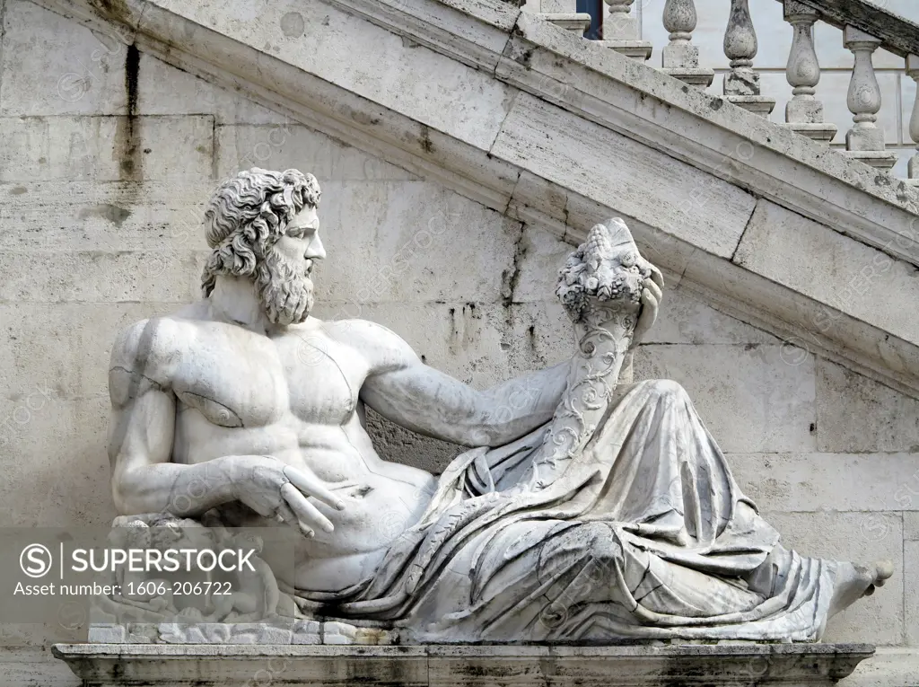 Italy. Rome. Place Campidoglio. Capitoline Museum. Close up of a sculpture on the square.