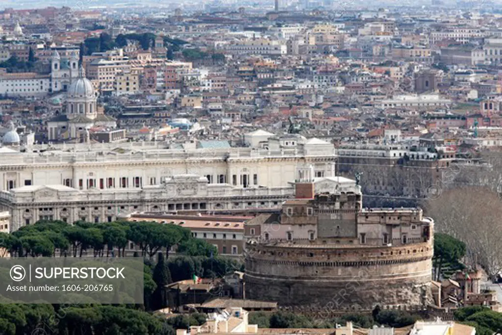 Italy. Rome. View of the Castle Sant Angelo (foreground) and the Palace of Justice (in the background) from the dome of St. Peter's Basilica in the Vatican.
