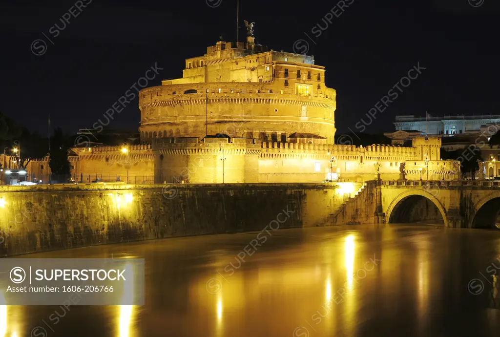 Italy. Rome. Bridge and Castle Sant Angelo. The Tiber in the foreground.