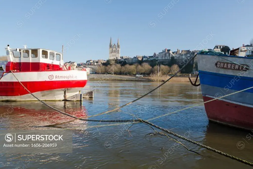 France, Loire valley, Angers, historic capital of Anjou, St Maurice Cathedral, view from the Maine River