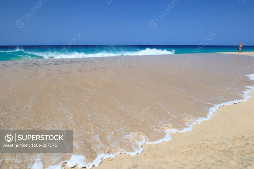 Western Africa,Republic of Cape Verde, Sal island. Santa Maria. Wave on the beach.