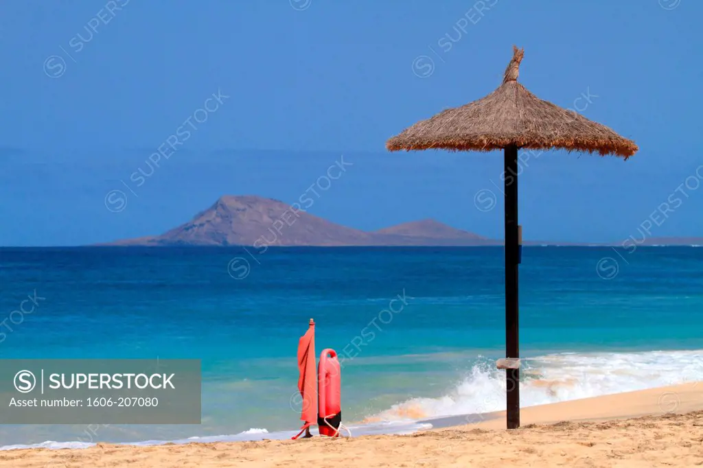 Western Africa,Republic of Cape Verde, Sal island. Santa Maria. Sun umbrella for the life guard.