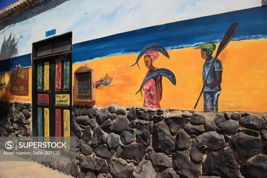 Western Africa,Republic of Cape Verde, Sal island. Santa Maria. Colored restaurant.