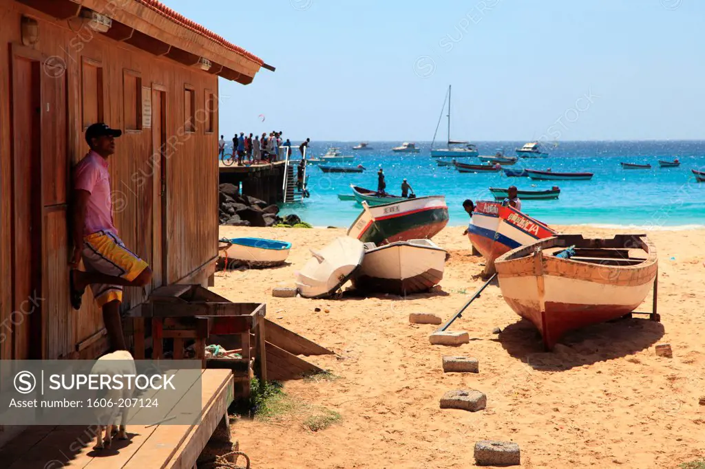 Western Africa,Republic of Cape Verde. Sal Island. Santa Maria. fishermen's boats on the beach.