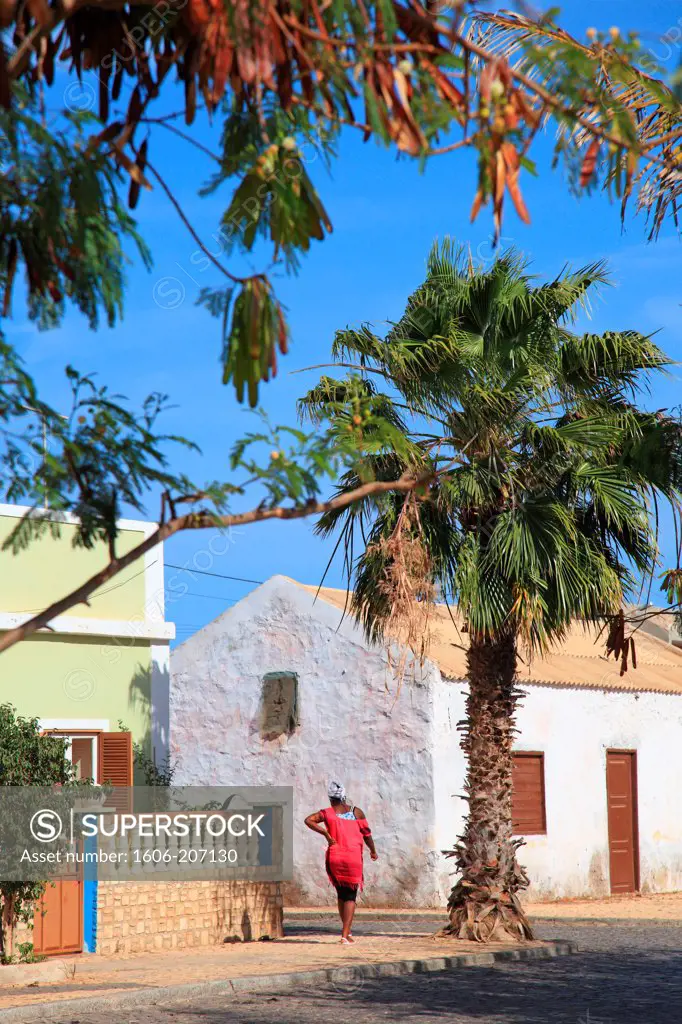 Western Africa,Republic of Cape Verde. Sal Island. Palmeira. Woman walking in a street of the village.