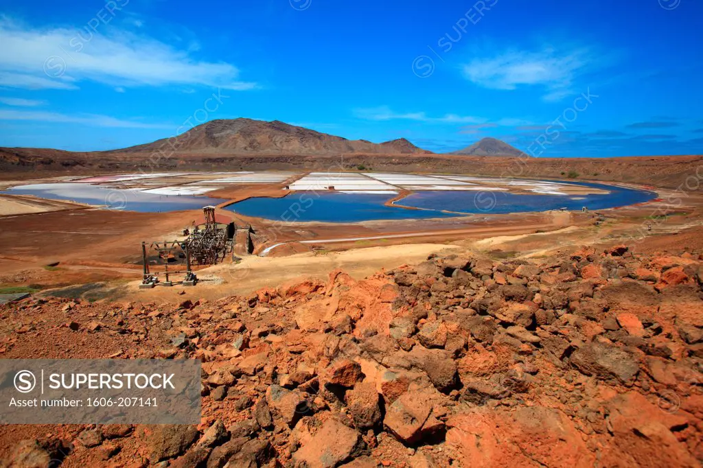 Western Africa,Republic of Cape Verde. Sal Island. Pedra de Lume.Salt farming in a crater.
