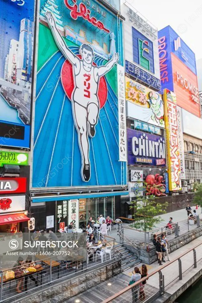 Japan,Honshu,Kansai,Osaka,Namba,Dotombori,Advertising Billboards and Outdoor Cafes on the Bank of the Dotomborigawa River