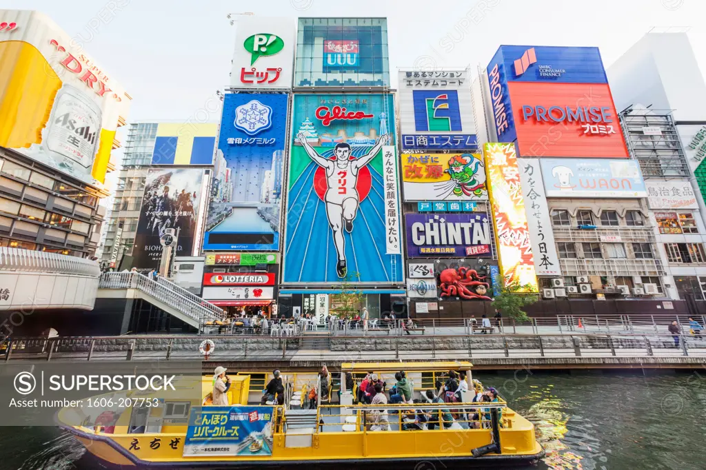 Japan,Honshu,Kansai,Osaka,Namba,Dotombori,Tour Boat on the Dotomborigawa River and Advertising Billboards